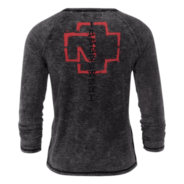 Back view of black Sonne Rammstein long sleeve with distressed red Rammstein logo and Roman numerals running down the spine