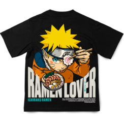 Back view of black Naruto T-shirt featuring Naruto eating ramen, ‘Ramen Lover’ text, and Ichiraku Ramen bowl graphic.