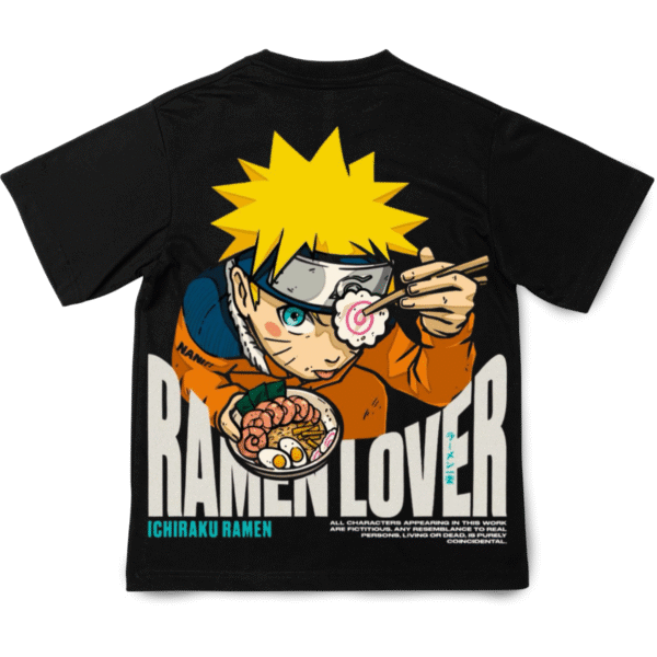 Back view of black Naruto T shirt featuring Naruto eating ramen Ramen Lover text and Ichiraku Ramen bowl graphic