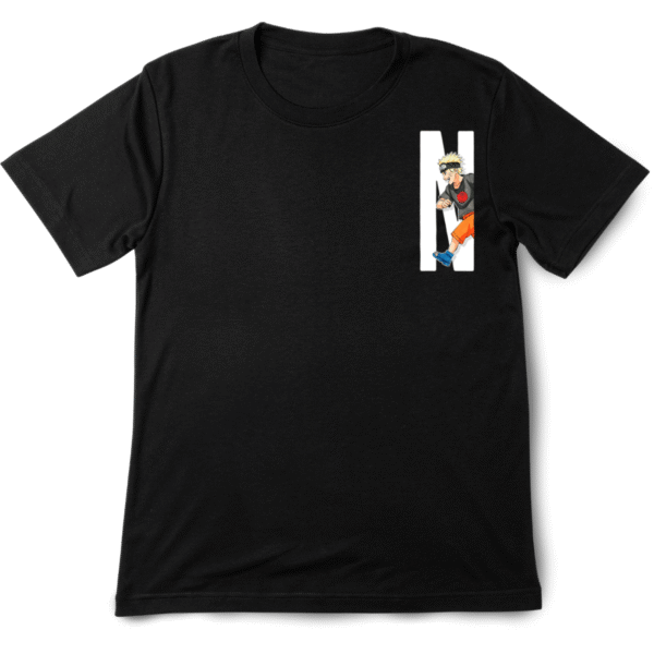 Front view of black Naruto T shirt with a small graphic of Naruto running inside a white letter N on the chest