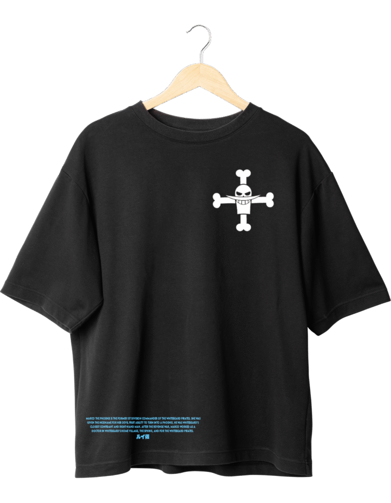 One Piece shirt with Marco the Phoenix logo on chest and character bio perfect for fans of anime and Whitebeard Pirates merch