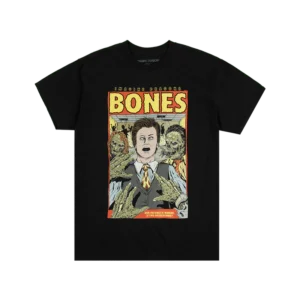 Black Imagine Dragons T Shirt with comic style Bones artwork featuring zombies and an office worker from the Bones music video
