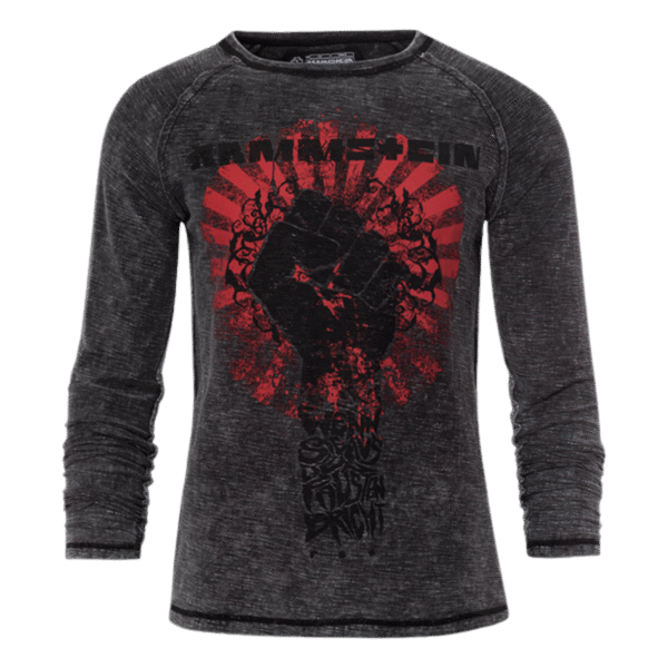 Front view of faded black Rammstein long sleeves and raw edge finish part of the official Sonne Rammstein merch collection