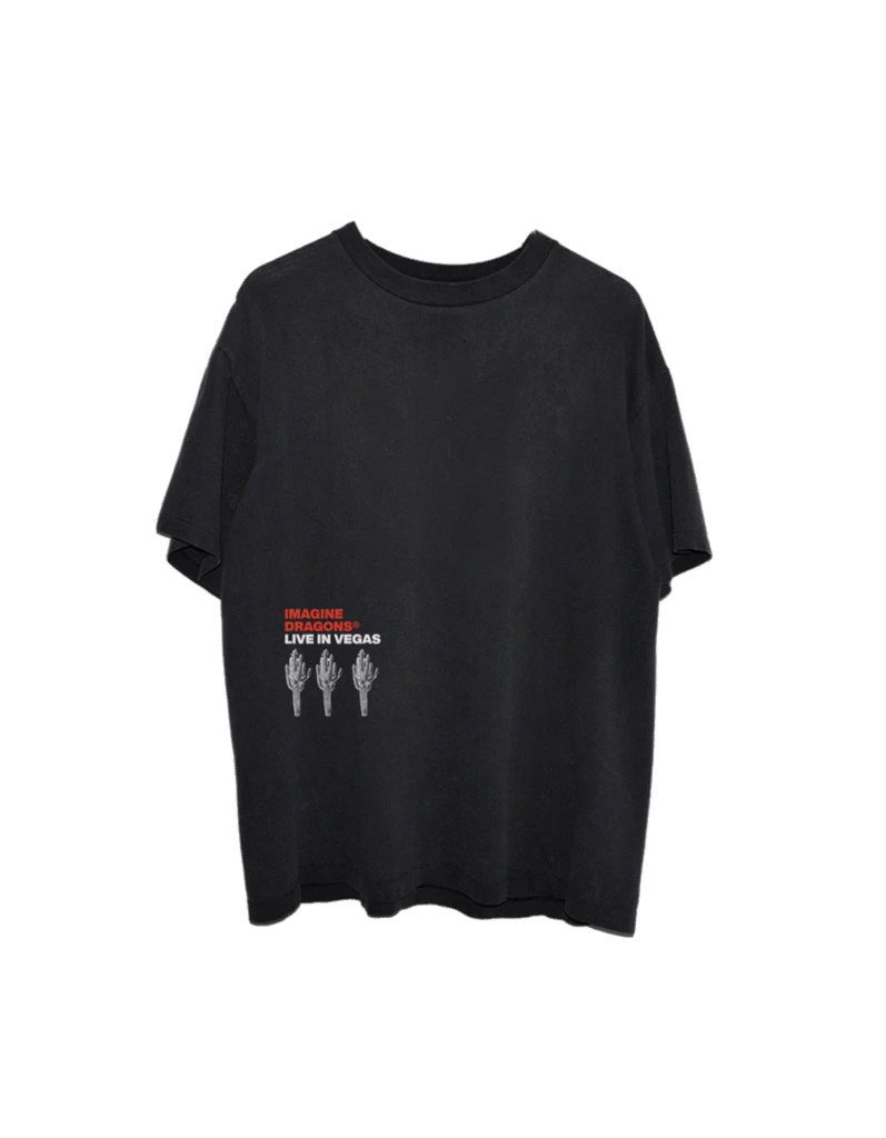 Front view of a black Imagine Dragons T Shirt featuring small red and white Live in Vegas text with three white cactus graphics