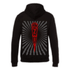 Back view of black Rammstein hoodie displaying a large red Zeit artwork with radiating gray beams and the Rammstein cross logo at the top