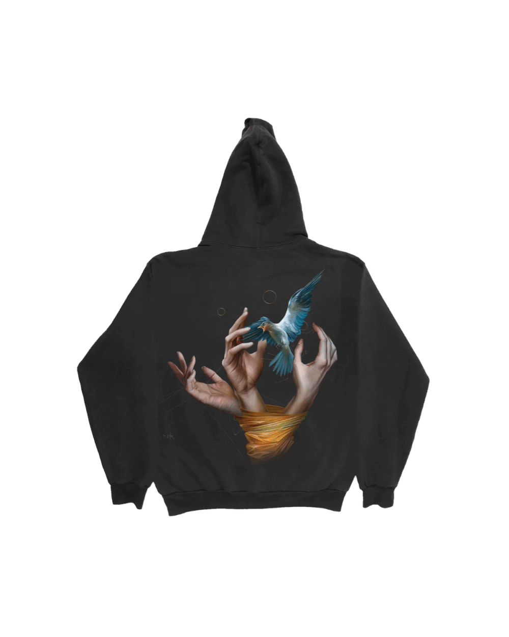 Black Imagine Dragons Smoke + Mirrors hoodie with large back graphic of realistic hands unwrapping a blue bird in flight detailed artistic design