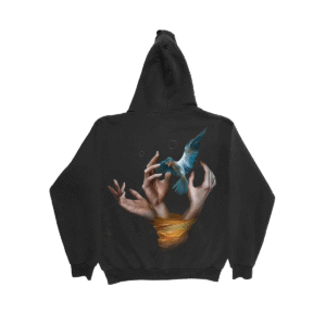Black Imagine Dragons Smoke + Mirrors hoodie with large back graphic of realistic hands unwrapping a blue bird in flight detailed artistic design