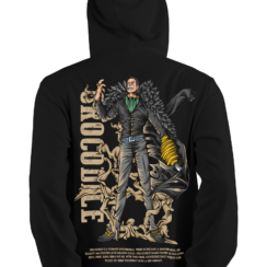 One Piece Merch Sir Crocodile hoodie featuring full-body Crocodile artwork with sand effects on the back, ideal One Piece hoodie for anime fans.