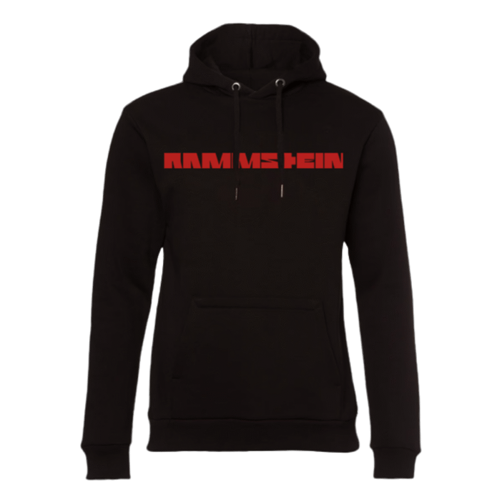 Front view of black Rammstein hoodie featuring bold red RAMMSTEIN text across the chest and a drawstring hood