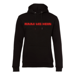 Front view of black Rammstein hoodie featuring bold red "RAMMSTEIN" text across the chest and a drawstring hood.