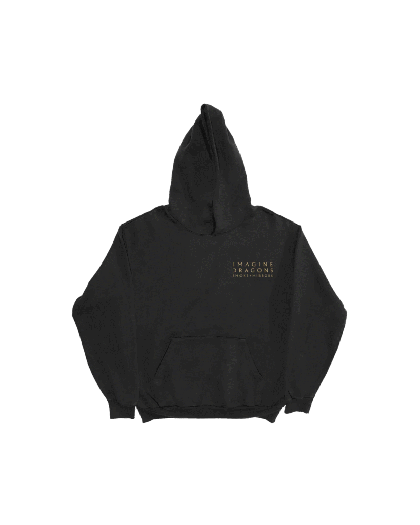 Black Imagine Dragons Smoke + Mirrors hoodie front view with simple gold text logo on the chest and classic kangaroo pocket.