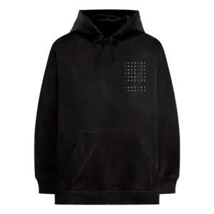 Black Imagine Dragons hoodie featuring a stacked white IMAGINE text design on the left chest with a front pocket and adjustable drawstring hood