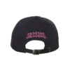 Back view of a black Imagine Dragons Hat featuring pink embroidered IMAGINE DRAGONS text and an adjustable strap with a brass buckle