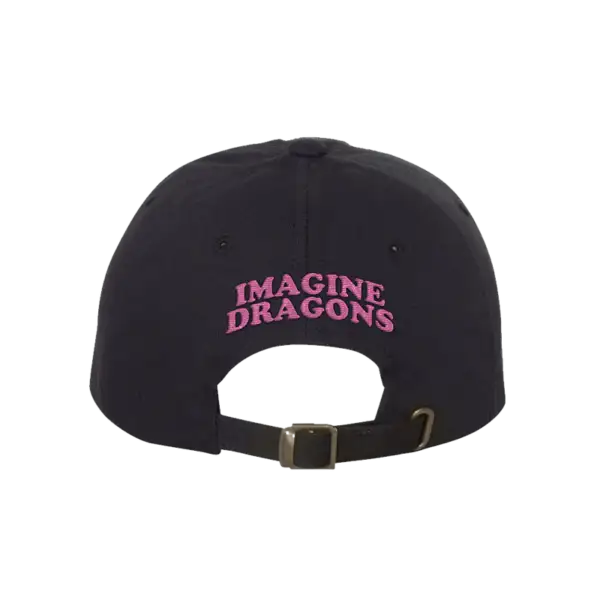 Back view of a black Imagine Dragons Hat featuring pink embroidered IMAGINE DRAGONS text and an adjustable strap with a brass buckle