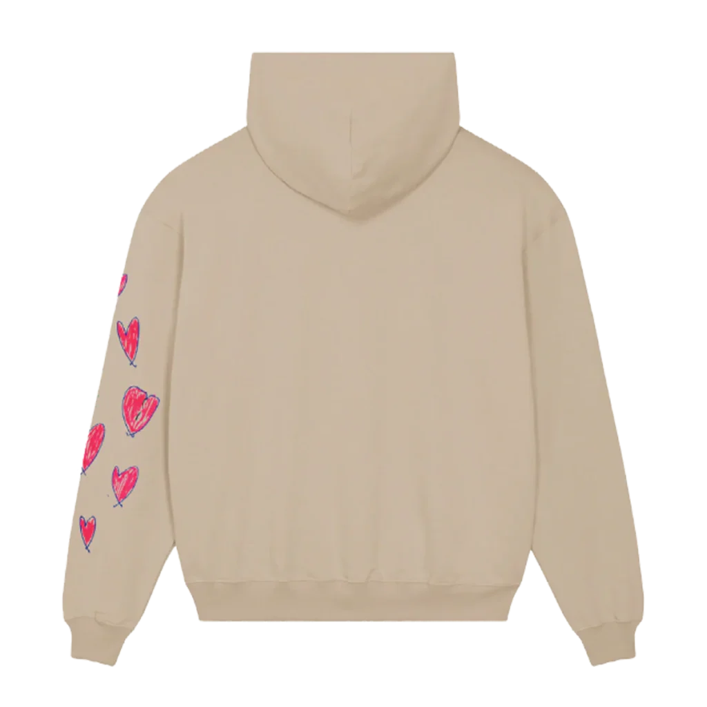 Back view of the ALL MY LOVE Coldplay Hoodie with red heart graphics on beige fabric – cozy Coldplay merch for music lovers.
