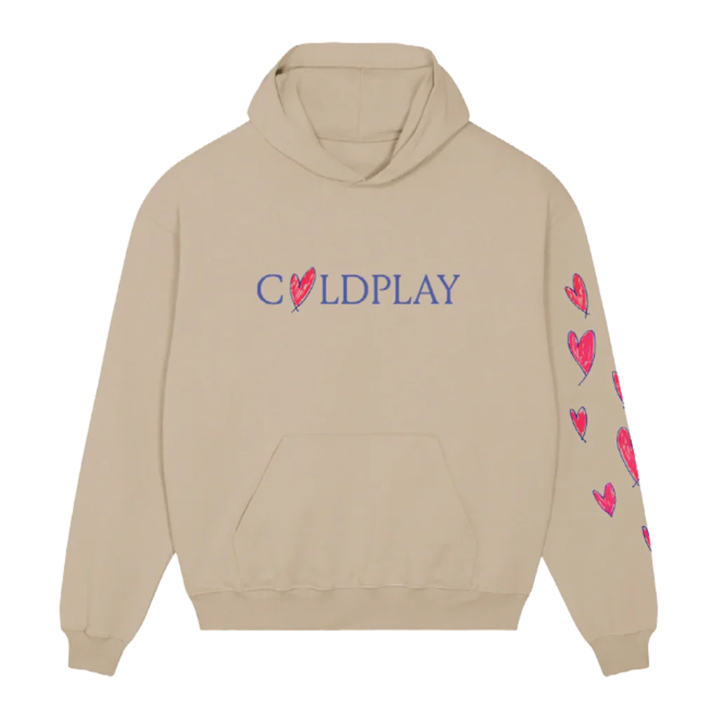 Front view of the ALL MY LOVE Coldplay Hoodie featuring bold Coldplay text with a heart design – official Coldplay merch for fans
