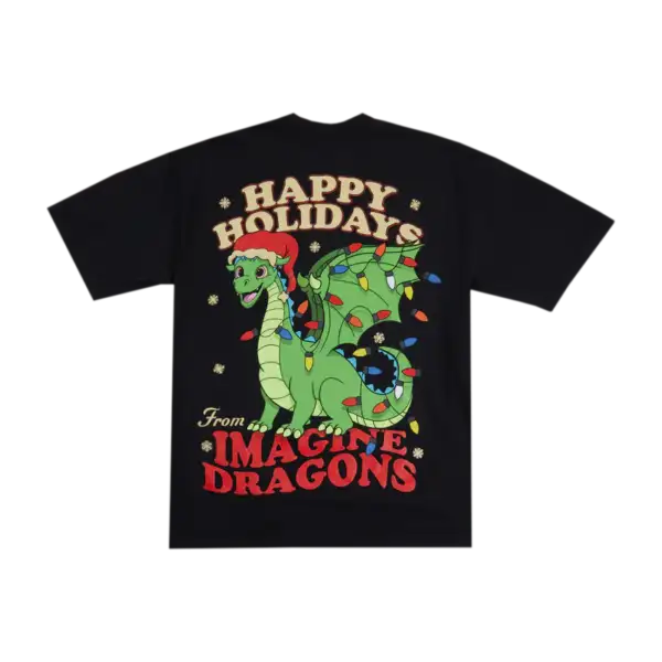 Back of the Imagine Dragons holiday t shirt featuring a large green cartoon dragon wrapped in Christmas lights with bold Happy Holidays greeting