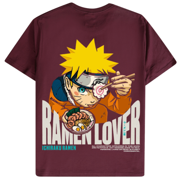 Back view of red wine Naruto T shirt featuring Naruto enjoying ramen Ramen Lover text and Ichiraku Ramen bowl graphic