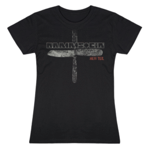 Black women’s Rammstein T-shirt with a distressed knife and fork graphic forming a cross, the word “MEIN TEIL” in red, and the Rammstein logo above.