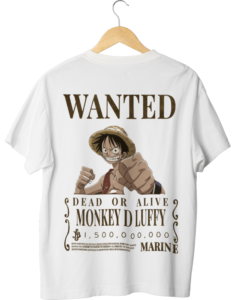 White One Piece T Shirt featuring Luffys bold wanted poster design