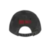 Back view of a black washed Imagine Dragons hat with red embroidered Imagine Dragons Origins anniversary text above the adjustable strap