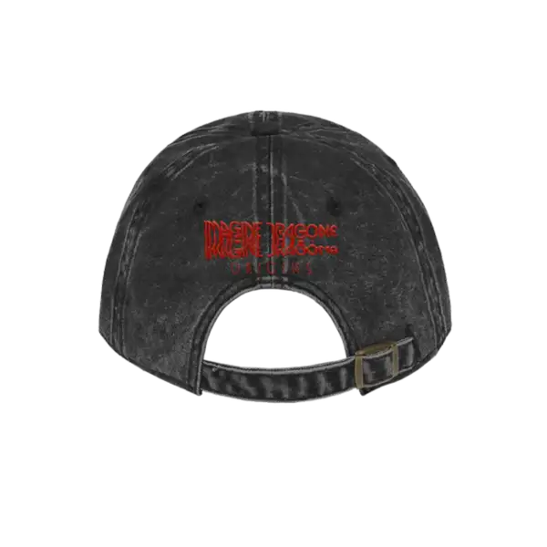 Back view of a black washed Imagine Dragons hat with red embroidered Imagine Dragons Origins anniversary text above the adjustable strap