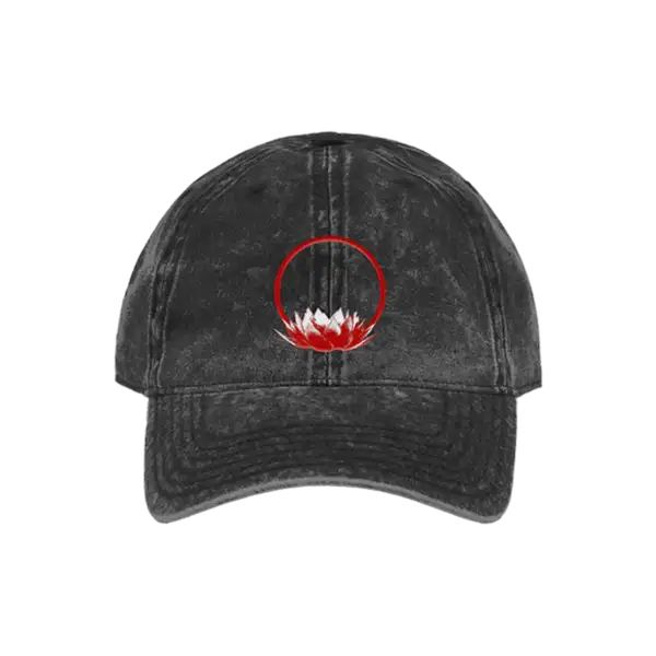 Front view of a black washed Imagine Dragons hat featuring a red circle with white lotus petals embroidered on the center panel