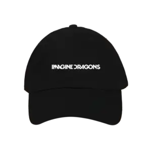 Black Imagine Dragons hat with bold white band logo embroidered on the front featuring a curved brim and classic adjustable fit
