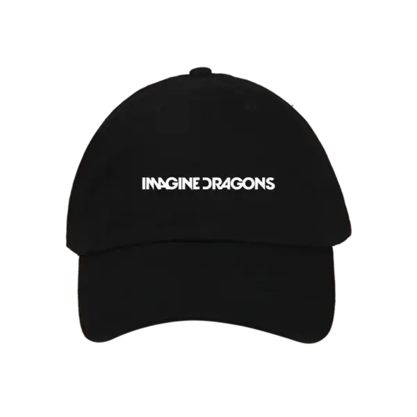 Black Imagine Dragons hat with bold white band logo embroidered on the front featuring a curved brim and classic adjustable fit