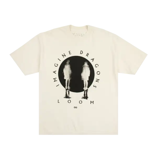 Front view of the Off White Imagine Dragons T Shirt featuring two ghosted figures standing in a black circle with the word LOOM beneath them