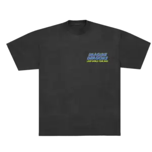 Front view of Hollywood Bowl Zombie Event Tee featuring bold zombie graphic in white and red on black fabric, official Imagine Dragons T-Shirt in unisex fit.