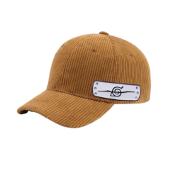 Brown corduroy Naruto cap featuring Hidden Leaf Village symbol on front, available in sizes S to XXL