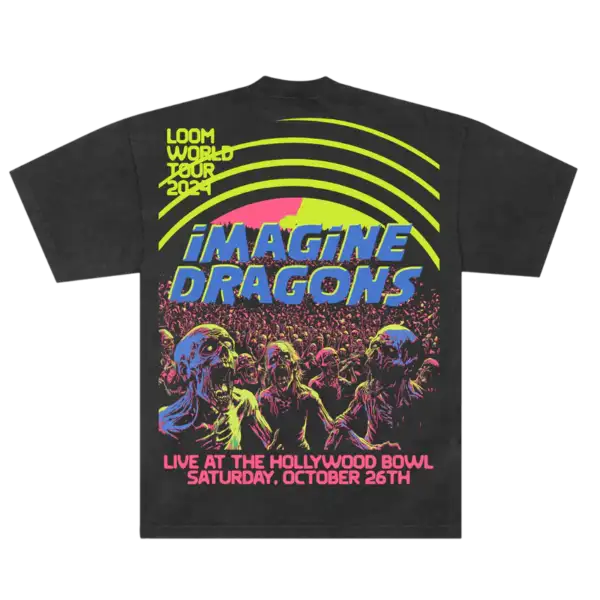 Back view of Hollywood Bowl Zombie Event Tee showing plain black fabric official Imagine Dragons merch with relaxed unisex fit