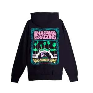 Back of Imagine Dragons hoodie with large framed graphic showing palm trees a central eye pink Imagine Dragons text and Live from the Hollywood Bowl with LA Team Orchestra mention