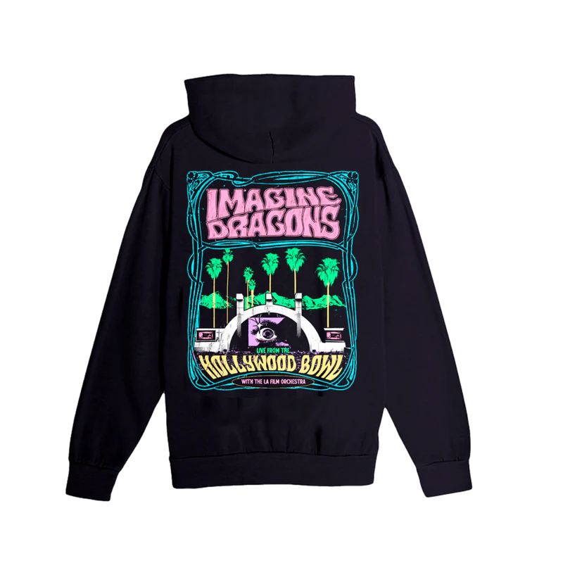 Back of Imagine Dragons hoodie with large framed graphic showing palm trees a central eye pink Imagine Dragons text and Live from the Hollywood Bowl with LA Team Orchestra mention