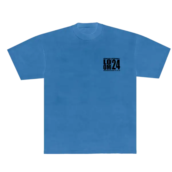Front view of Hollywood Bowl Blue Event Tee featuring white event graphic on vibrant blue fabric official Imagine Dragons T Shirt in unisex fit