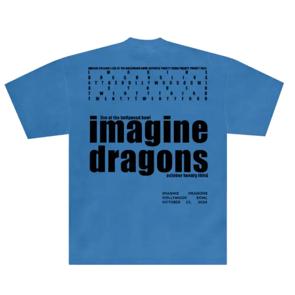 Back view of Hollywood Bowl Blue Event Tee showing plain blue fabric official Imagine Dragons merch with comfortable unisex fit