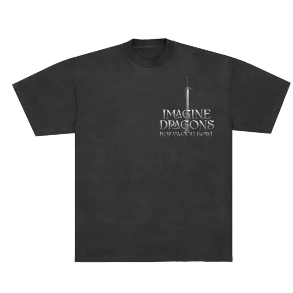 Front view of Hollywood Bowl Sword Event Tee featuring bold white sword graphic on black fabric official Imagine Dragons T Shirt in unisex fit