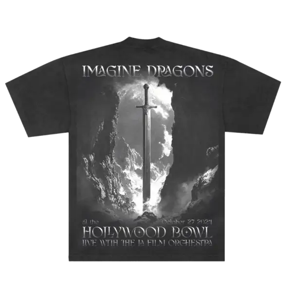 Back view of Hollywood Bowl Sword Event Tee showing plain black fabric official Imagine Dragons merch with relaxed unisex fit