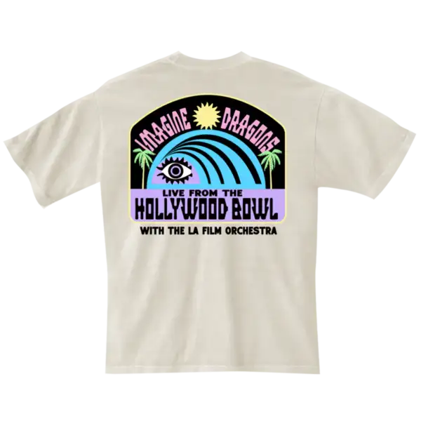 Back view of Live Hollywood Bowl Film Sun Tee displaying detailed concert scene graphic official Imagine Dragons merch with relaxed unisex fit