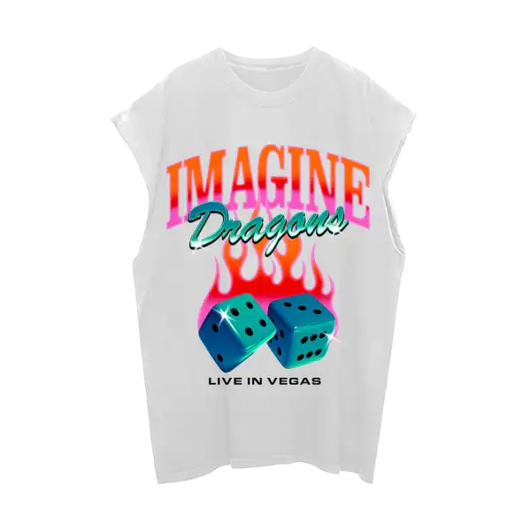 Front view of the Imagine Dragons Vintage Vegas Tank featuring a retro style Las Vegas inspired graphic on a soft black sleeveless shirt