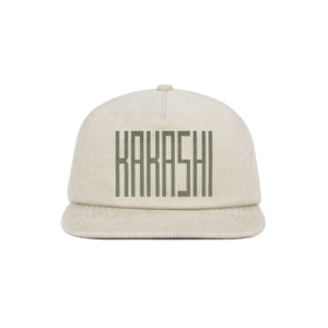 Beige corduroy cap featuring vertical "Kakashi" text design inspired by Naruto, front view.