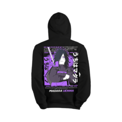 Black Naruto hoodie featuring Madara Uchiha's Rinnegan eyes on the front and full anime artwork on the back with purple accents