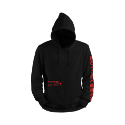 Black Naruto Hoodie featuring red Sasuke Uchiha manga design on the back and Japanese text on the sleeve