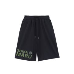 Black Naruto shorts featuring Shikamaru’s name and clan symbol in green, designed for anime fans with a casual and comfortable style