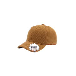 Brown corduroy Naruto cap featuring embroidered chibi Jiraiya designs on the front and back, with adjustable strap and casual streetwear style.