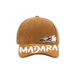 Brown corduroy Naruto cap featuring Madara Uchiha eye design with bold white MADARA text on the front