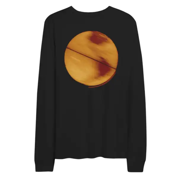 Back view of Coldplay Parachutes long sleeve T shirt with a faded globe graphic and small text inspired by the Parachutes album