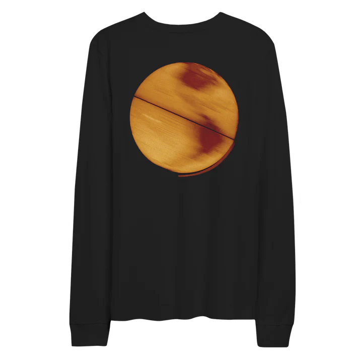 Back view of Coldplay Parachutes long sleeve T-shirt with a faded globe graphic and small text inspired by the Parachutes album.
