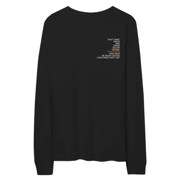 Front view of black Coldplay Parachutes long sleeve T shirt with Coldplay Parachutes written in white on the chest